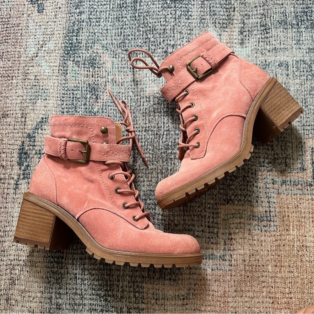 Zodiac Pink Suede Heeled Combat Boots sz 9 - Picture 2 of 5